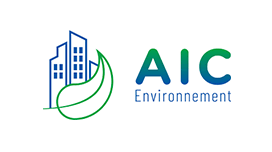 Logo AIC Environnement - texte bleu et vert sur fond blanc